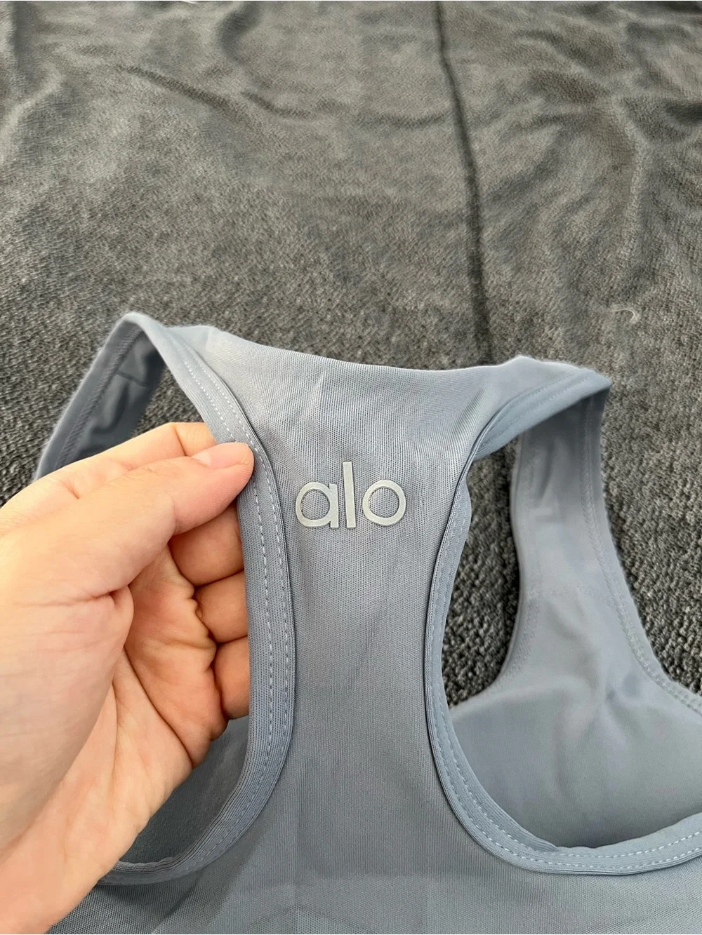 ALO Yoga Light Blue Racerback Sports Bra with Navy Contrast